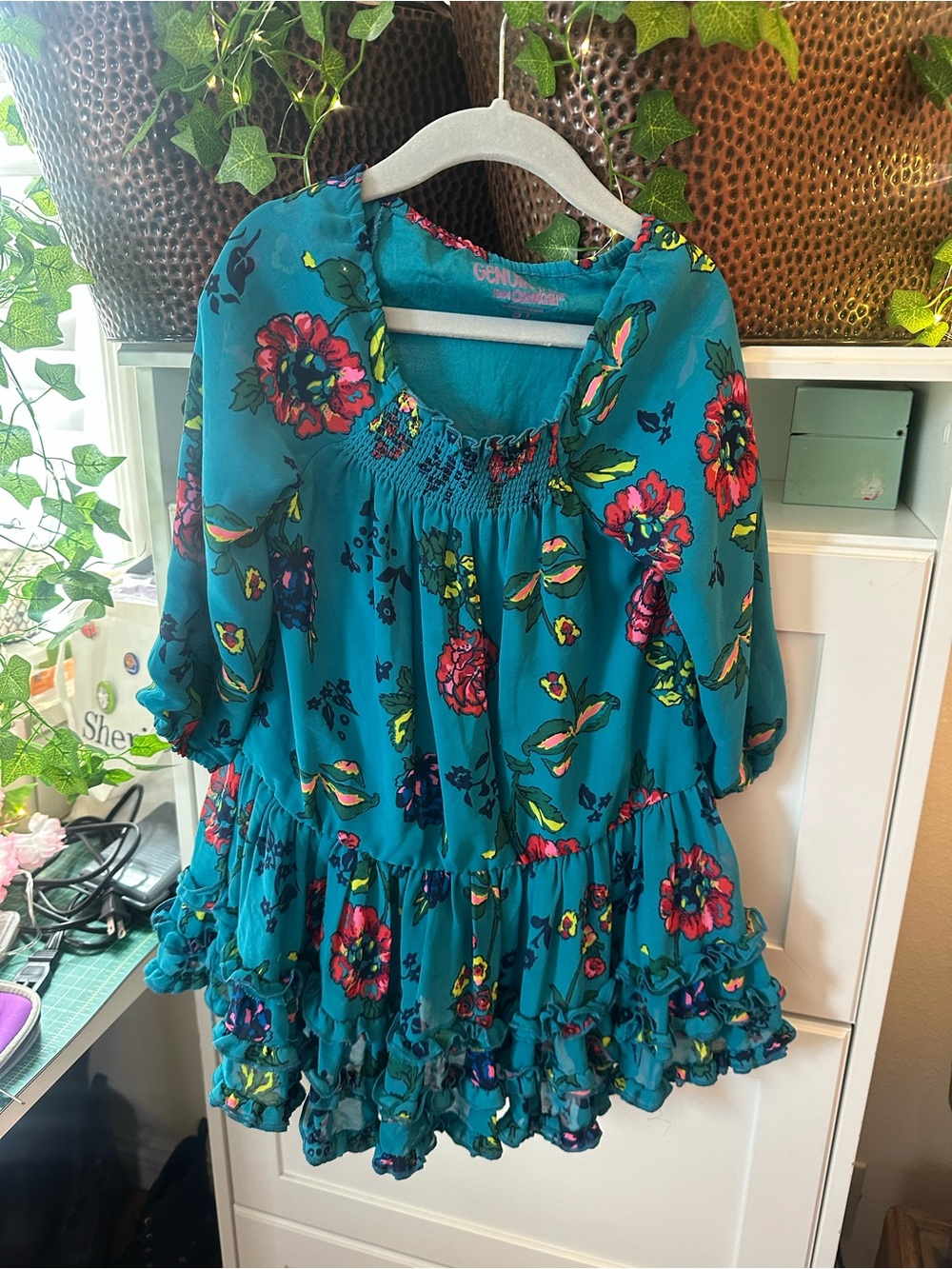 Kids Teal Floral Ruffle Tunic Dress